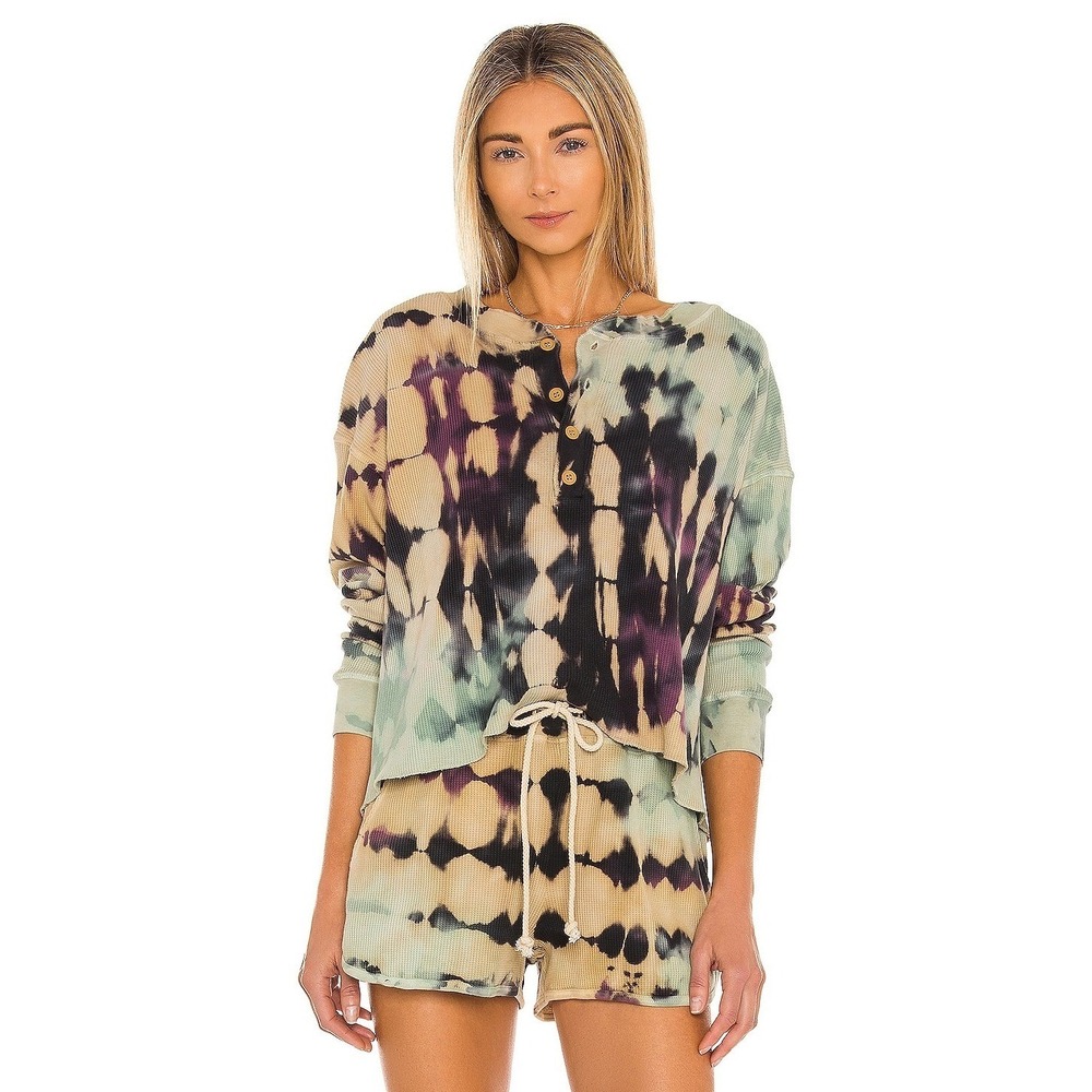 Daydreamer Revolve Tie Dye Waffle‎ Henley Top Size L Long Sleeve Cotton Thermal